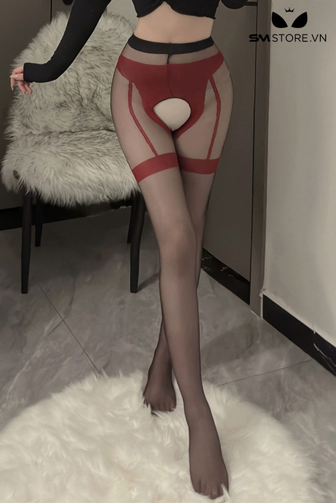 SMP093 - Quần tất da chân xẻ đáy thiết kế giả đai liền vớ cực sexy