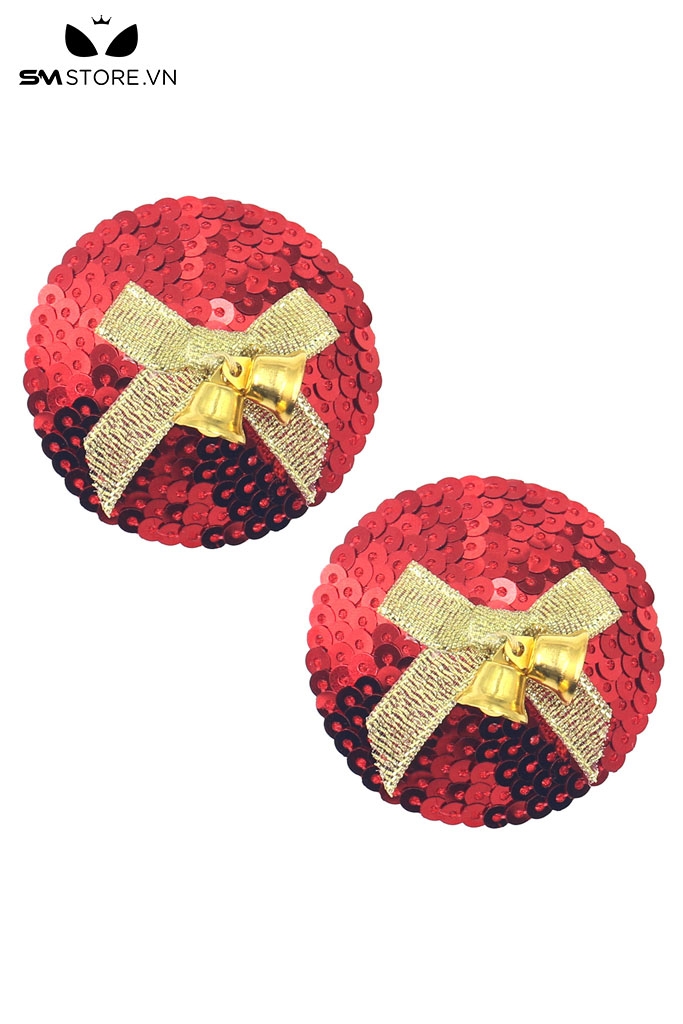 SMP175 - Miếng dán trang trí hình quả châu Noel sequin đỏ nơ vàng