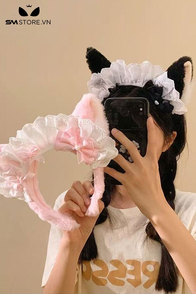 SMP240 - Bờm tóc tai mèo với đường viền ren hoa và gọng kim loại