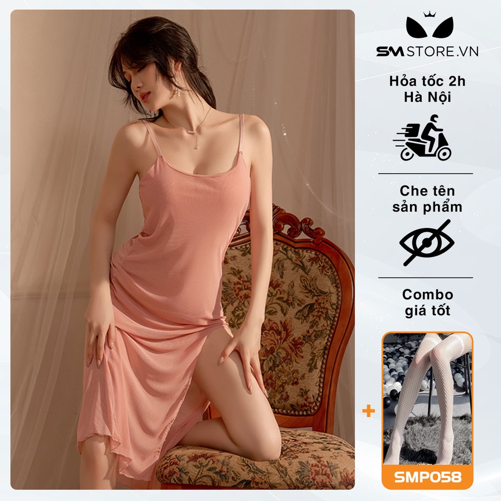 SMS015 - Đầm ngủ 2 dây xuyên thấu xẻ tà 1 bên sexy quyến rũ chồng