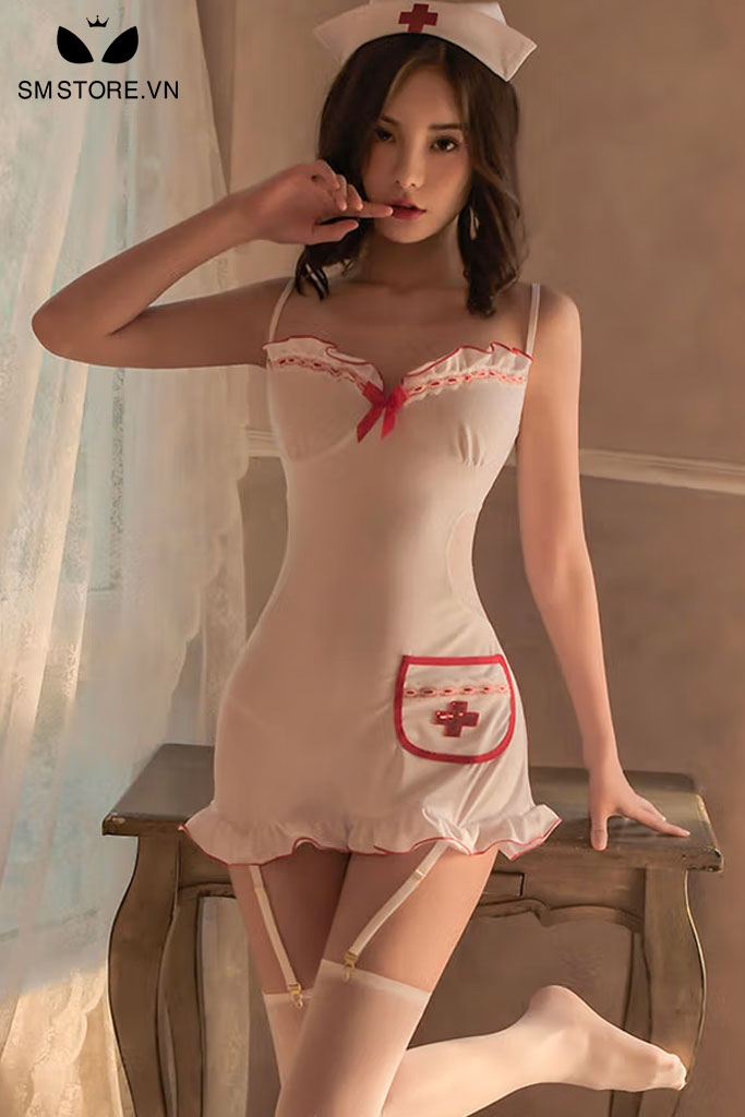 SMS016 - Cosplay y tá sexy thiết kế áo 2 dây hở lưng kẹp tất chân