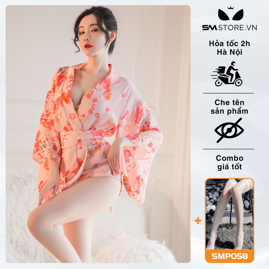 SMS023 - Set áo ngủ nữ kimono ngắn cùng quần lót lọt khe sexy gợi cảm
