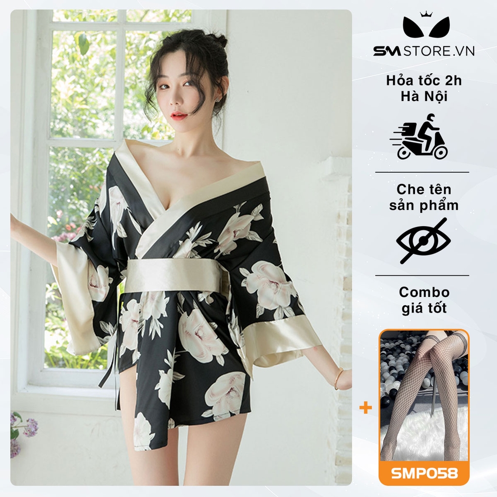 SMS098 - Áo choàng ngủ Kimono với họa tiết đơn giản sexy quyến rũ