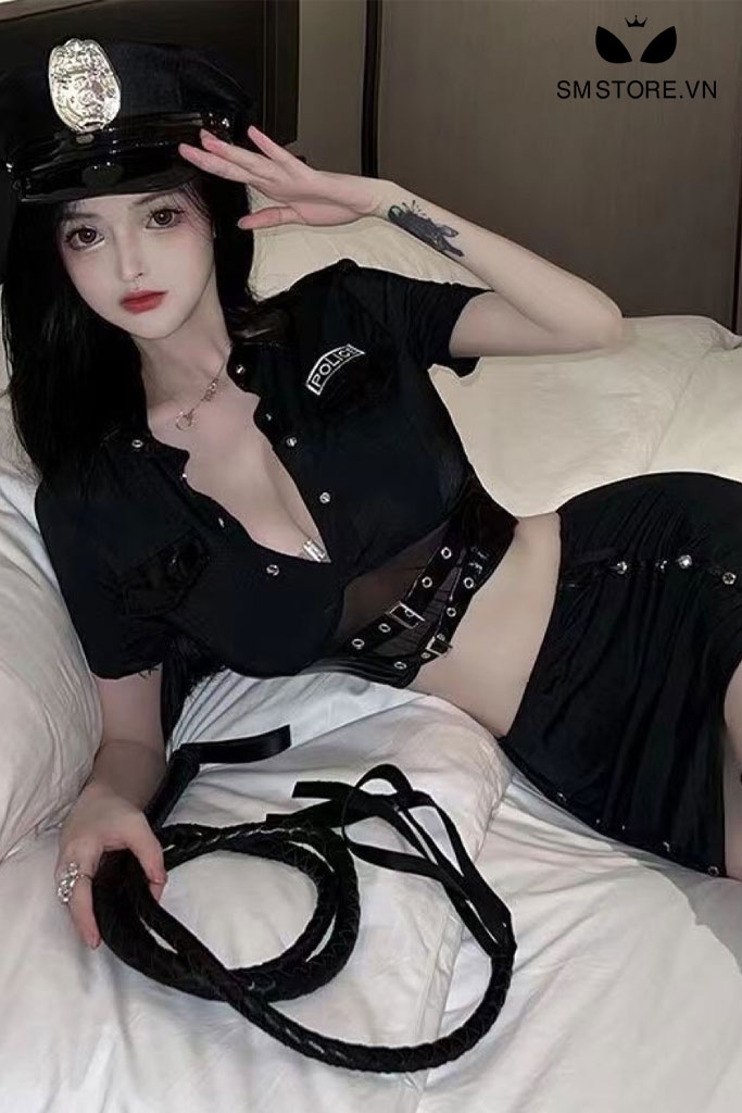 SMS123 - Cosplay cảnh sát áo sơ mi croptop có đai và chân váy ngắn