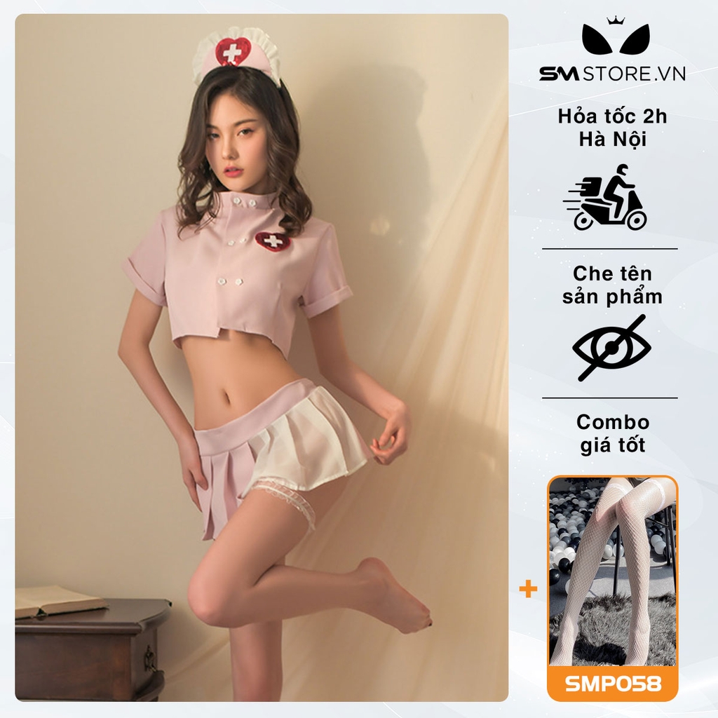 SMS324 - cosplay y tá với áo sơ mi croptop và chân váy xếp ly