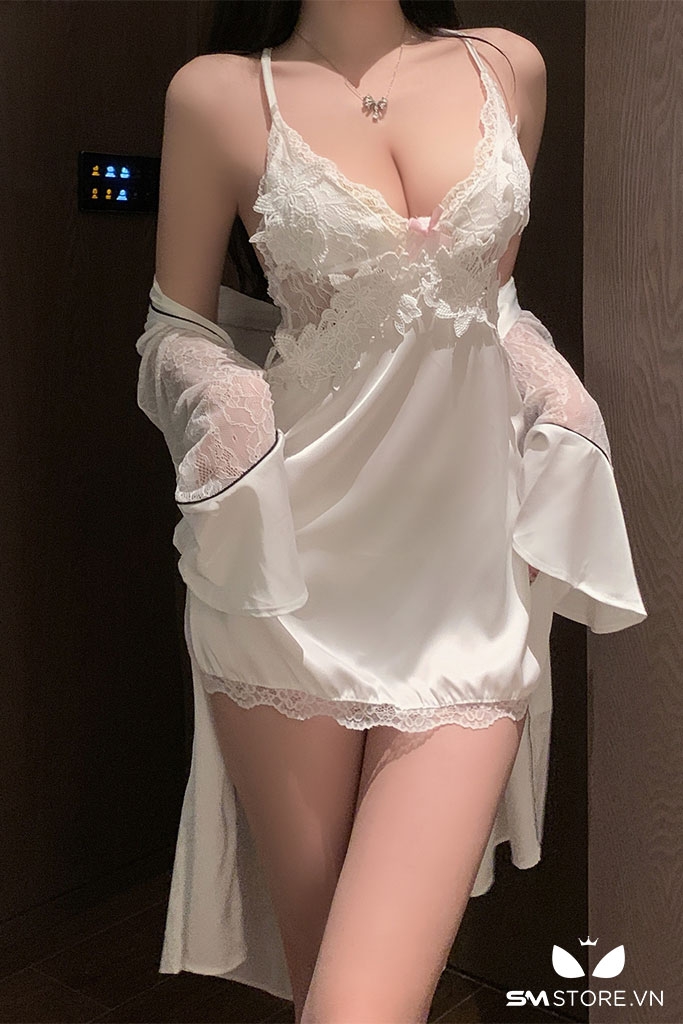 SMS511 - Áo choàng ngủ lụa cao cấp phối ren sexy gợi cảm