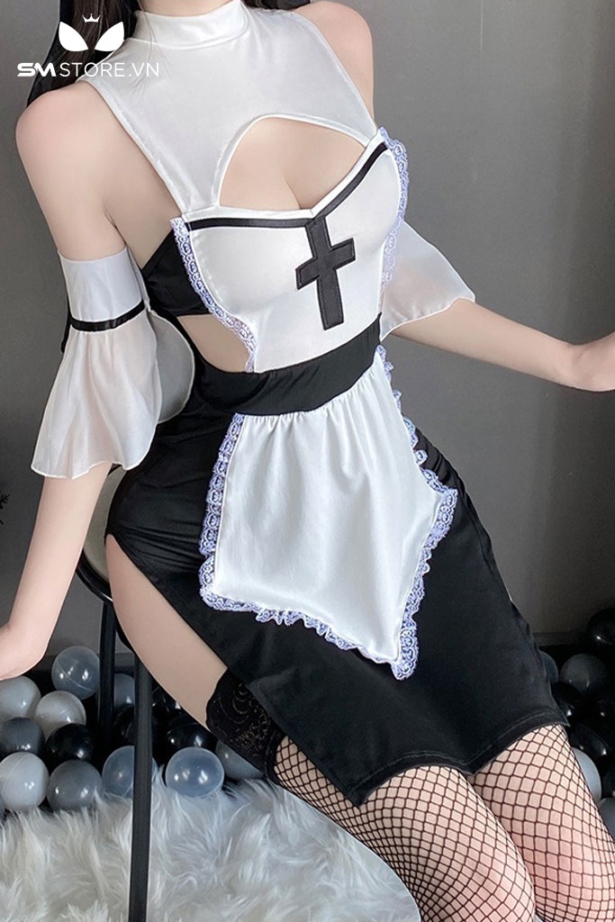 SMS883 - Váy ngủ cosplay sơ xẻ tà có tay áo và khóa cài ở sau