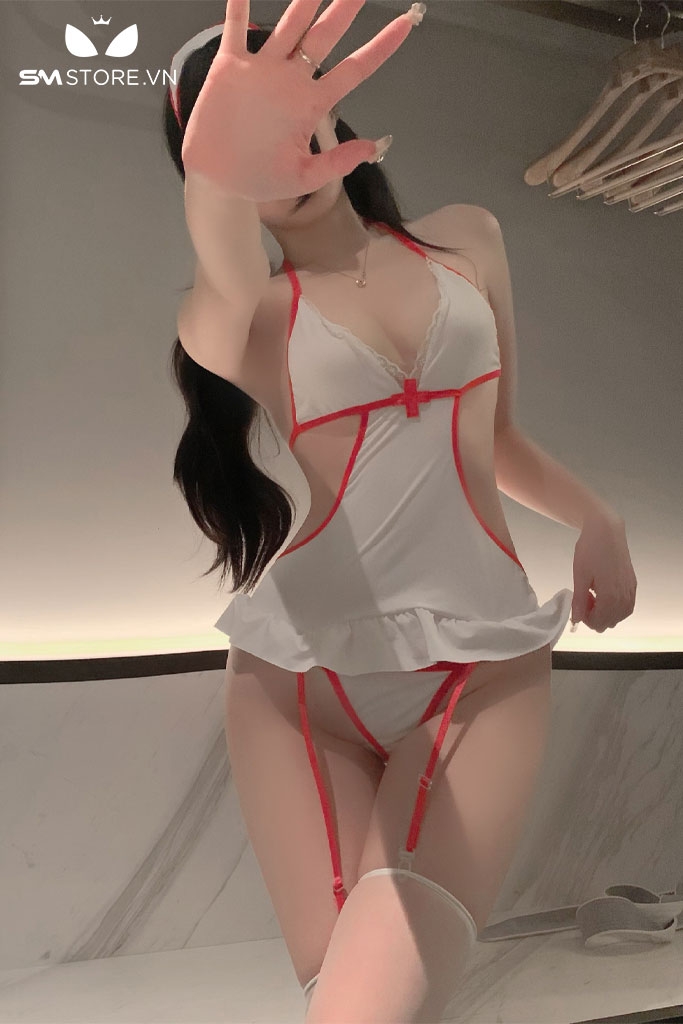 SMS895 - Đồ ngủ y tá bikini 1 mảnh với áo buộc dây khoét eo