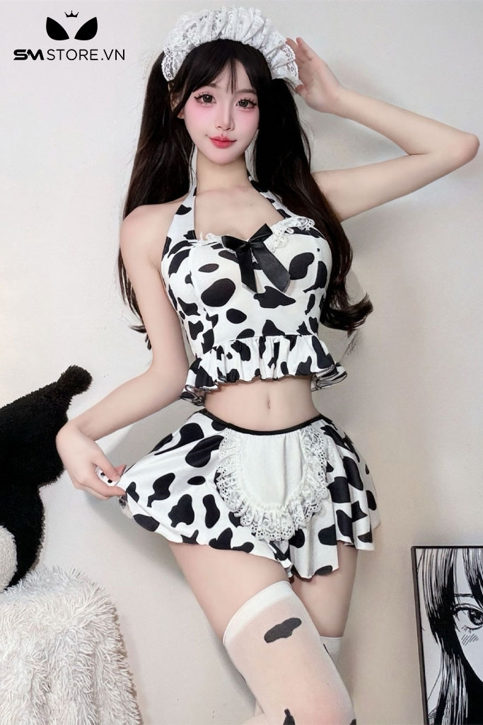 SMS919 - Trang phục cosplay bò sữa với áo hở lưng và chân váy ngắn xòe