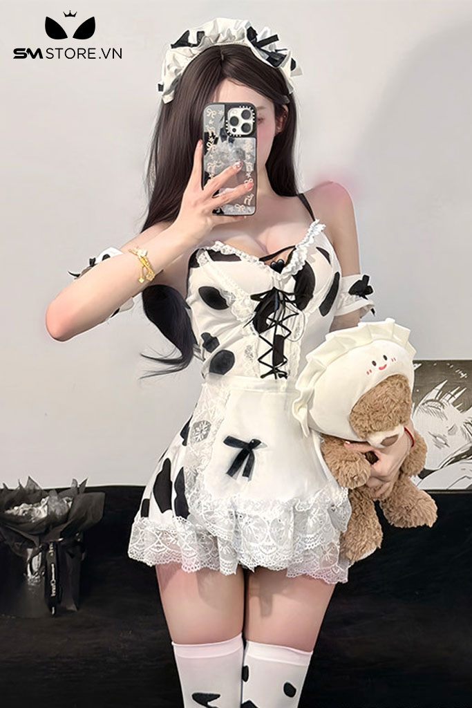 SMS924 - Váy ngủ 2 dây cosplay bò sữa mix chân váy xòe viền ren