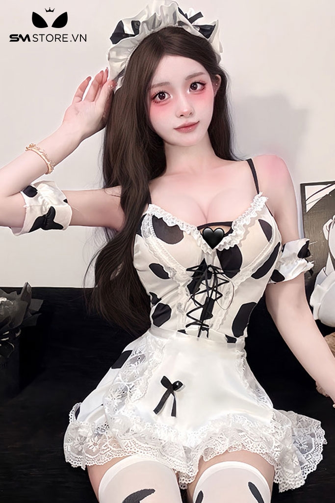 SMS924 - Váy ngủ 2 dây cosplay bò sữa mix chân váy xòe viền ren