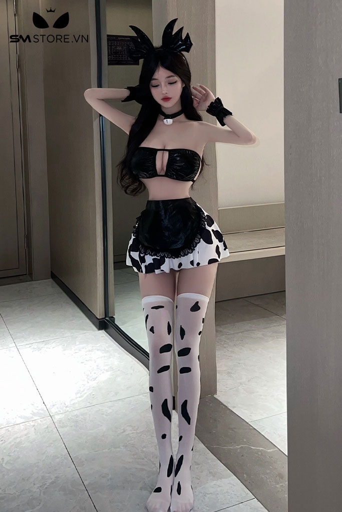 SMS925 - Đồ ngủ bò sữa cosplay mix áo da với chân váy xòe sexy