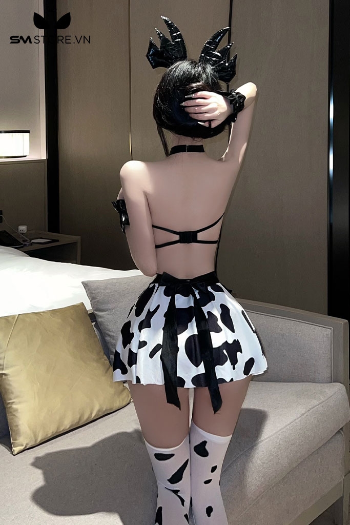 SMS925 - Đồ ngủ bò sữa cosplay mix áo da với chân váy xòe sexy