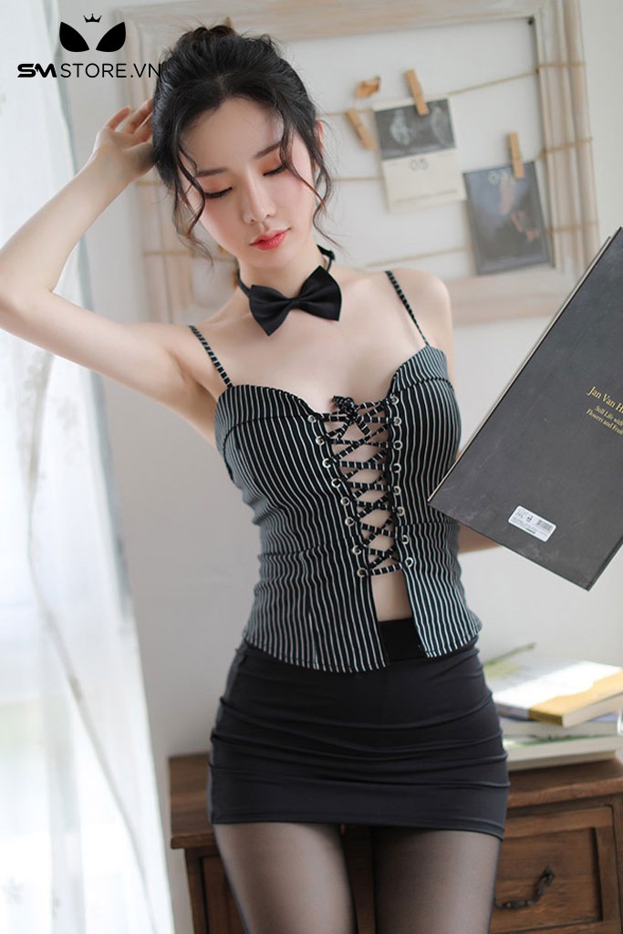 SMS940 - Cosplay cô giáo kẻ sọc với áo 2 dây đan chéo trước