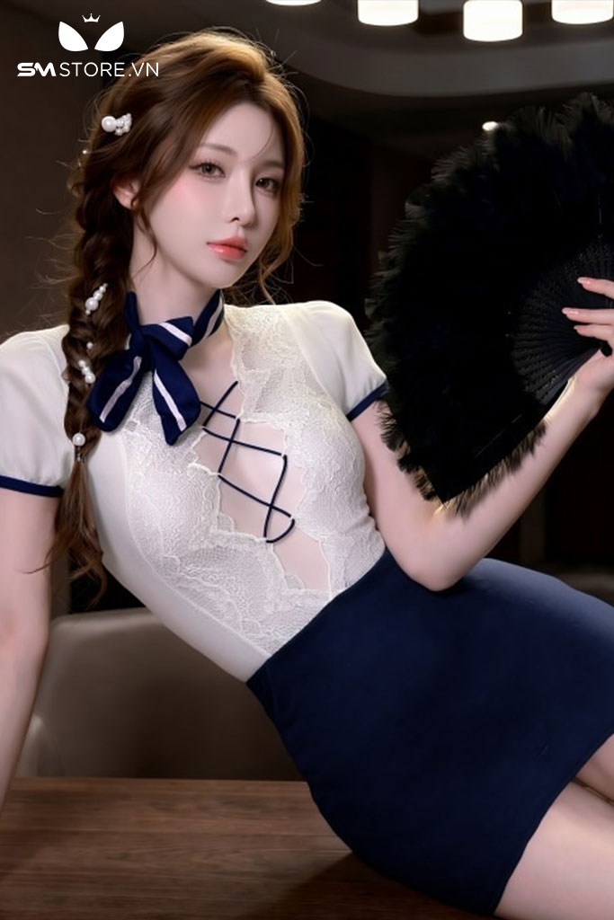 SMS944 - Trang phục tiếp viên với áo trong suốt mix chân váy ngắn