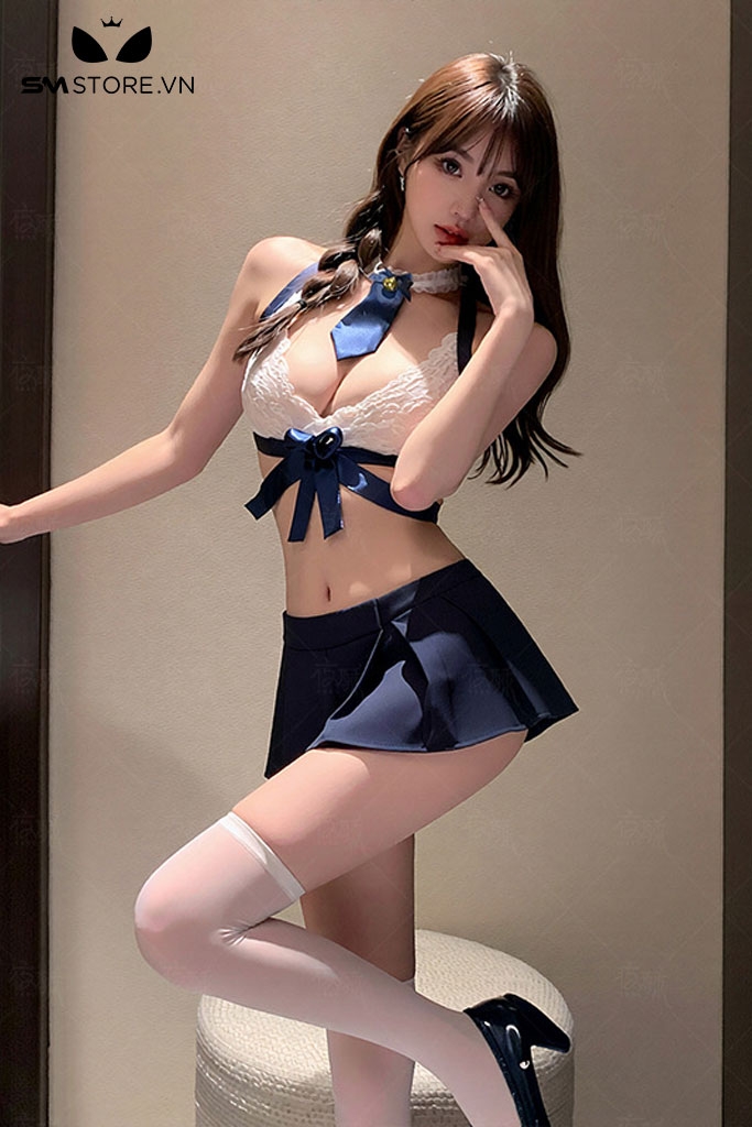 SMS949 - Bộ đồ học sinh với áo ren hoa xuyên thấu mix chân váy xòe