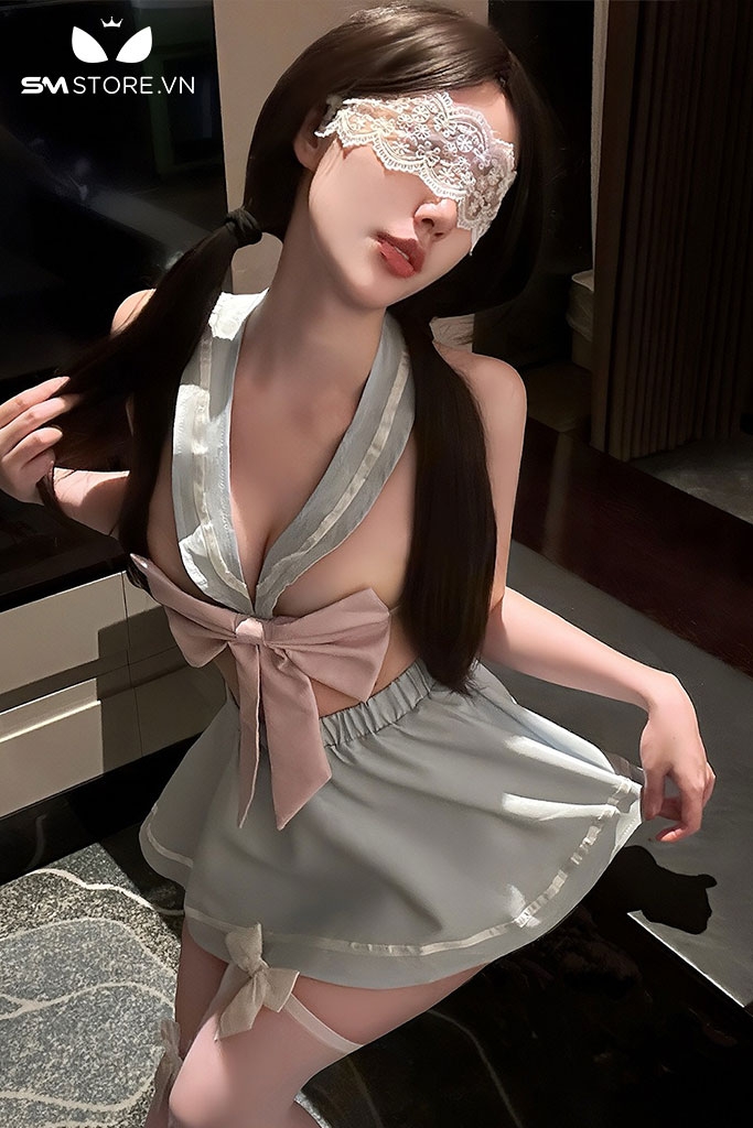 SMS955 - Đồ ngủ học sinh với áo có dây buộc sau mix chân váy xòe