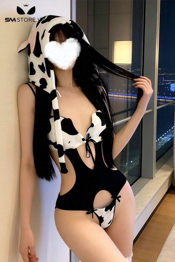 SMS962 - Bộ ngủ cosplay bò sữa 1 mảnh có dây buộc sau gợi cảm