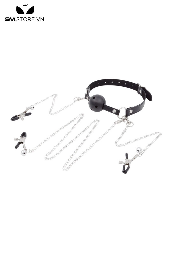 SMT3171 - Ball gag có lỗ rỗng bằng silicon kèm kẹp âm vật và núm vú