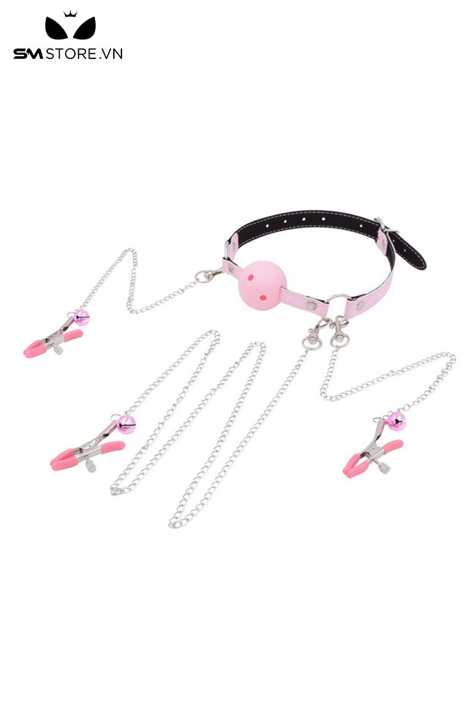 SMT3171 - Ball gag có lỗ rỗng bằng silicon kèm kẹp âm vật và núm vú