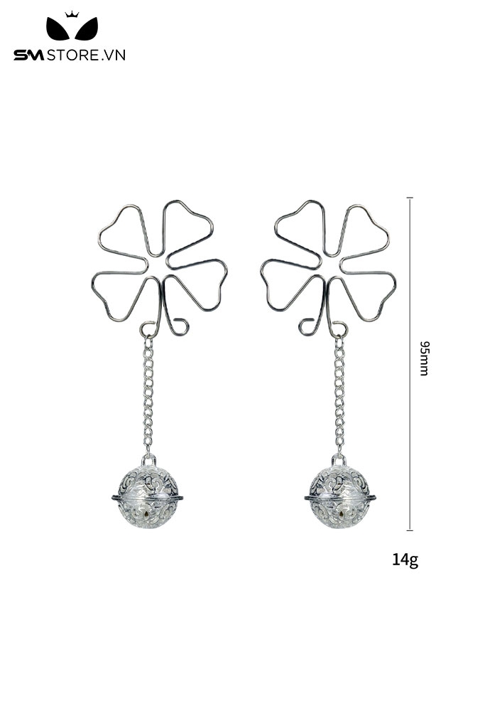 SMT3595 - Kẹp núm vú cỏ 4 lá inox đính kèm chuông hoa dài 95mm