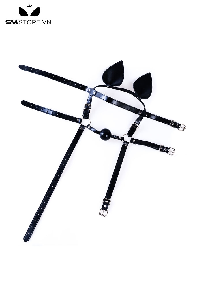 SMT3689 - Ball gag trơn silicon với tai mèo và 2 vòng dây qua đầu điều chỉnh