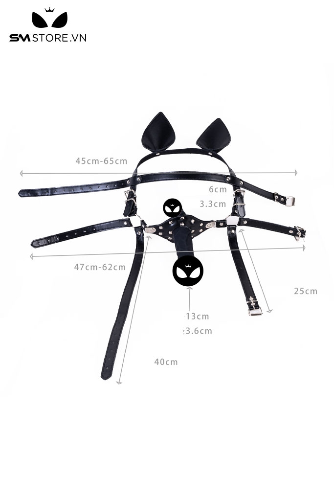 SMT3692 - Mặt nạ bịt miệng tai mèo dây da điều chỉnh kèm penis gag 2 đầu