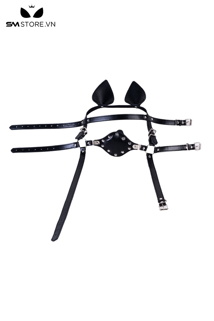 SMT3693 - Bộ head harness tai mèo khóa miệng da PU mix penis gag