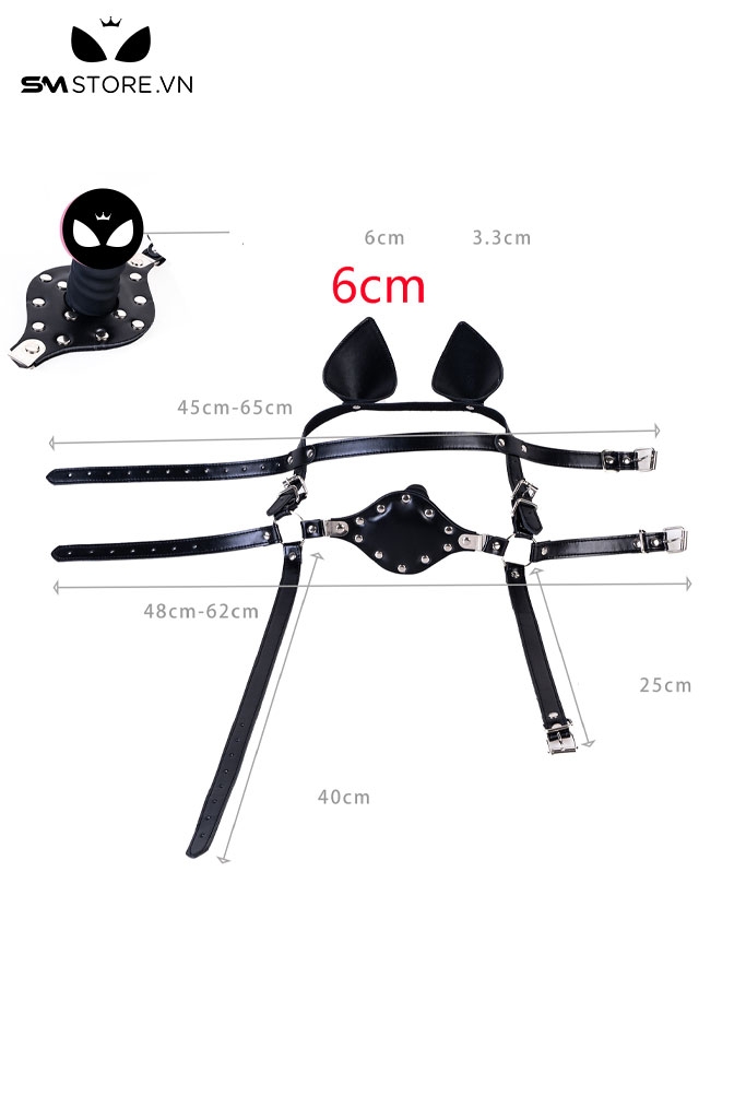 SMT3693 - Bộ head harness tai mèo khóa miệng da PU mix penis gag