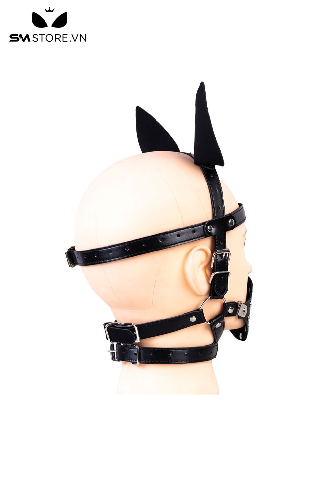 SMT3693 - Bộ head harness tai mèo khóa miệng da PU mix penis gag