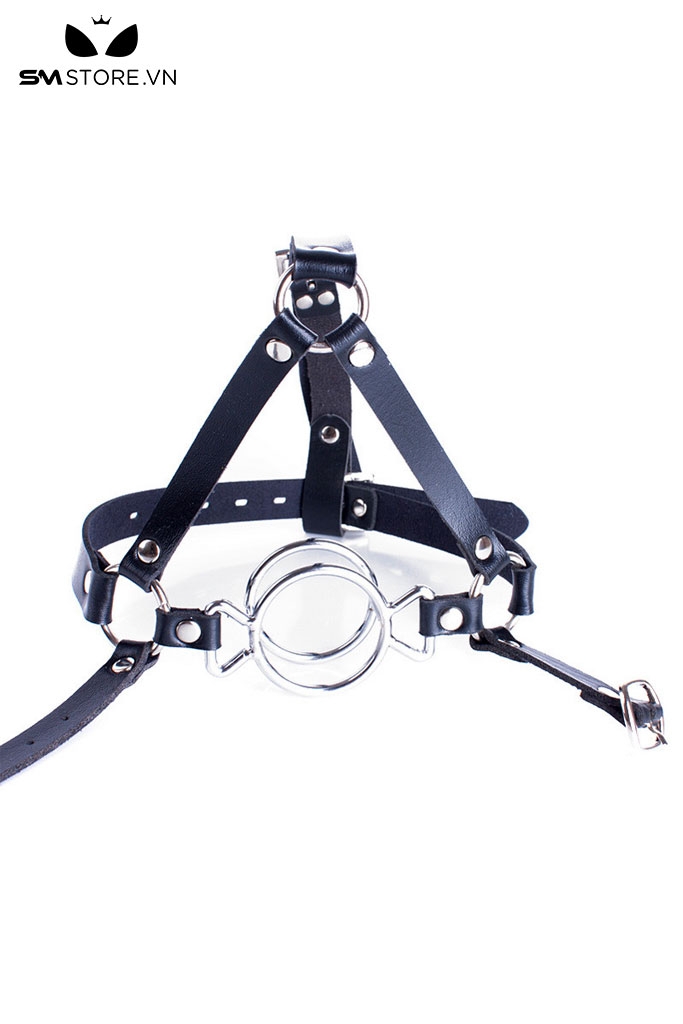SMT3695 - Ring gag 2 tầng inox không gỉ mix dây đeo qua đầu da PU