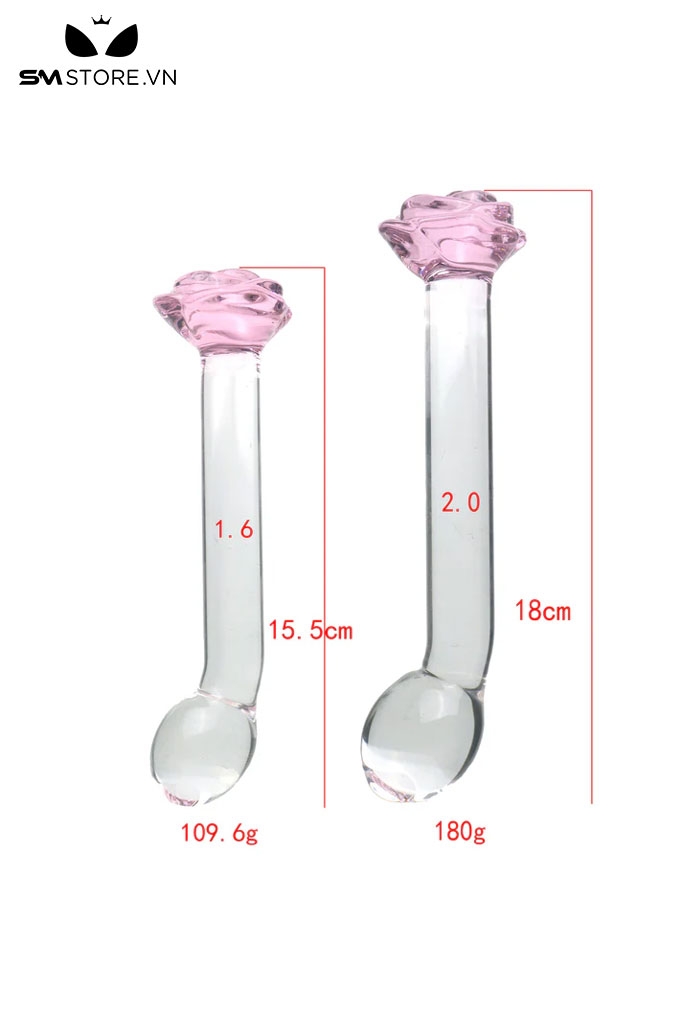SMT3770 - Butt plug đầu tròn cong đế bông hoa thủy tinh trong suốt