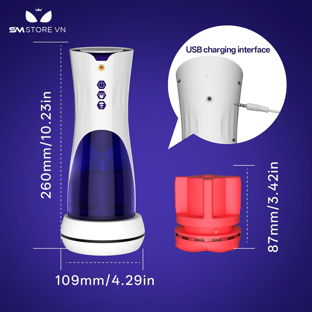 SMT4071 - Cốc thủ dâm rung thụt xoay và sưởi ấm sạc điện bằng silicon