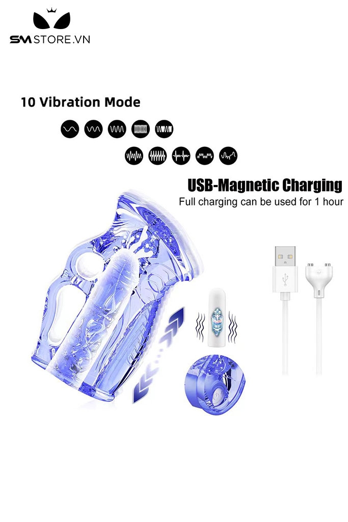 SMT4135 - Vòng đeo dương vật rung trong suốt có 10 chế độ có tay cầm