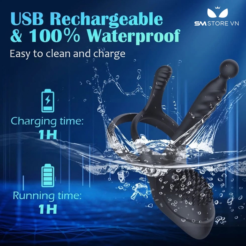 SMT4463 - Vòng đeo dương vật rung có nhánh kích thích điểm G và gai