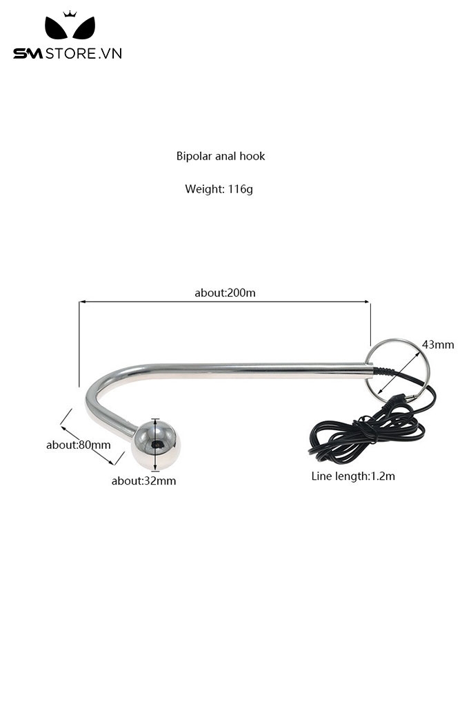 SMT4589 - Anal hook có 1 đầu bi tròn kích điện dài 20cm inox không gỉ