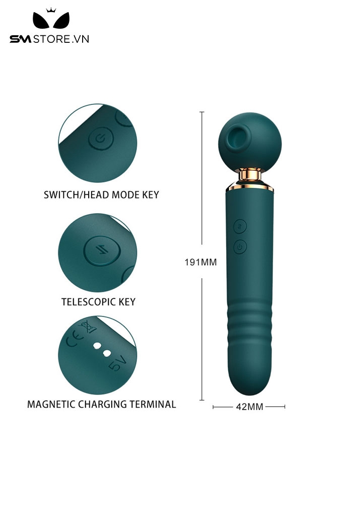 SMT5092 - Chày rung tình yêu 2 đầu có phần đầu hút có 10 tần số dài 11cm