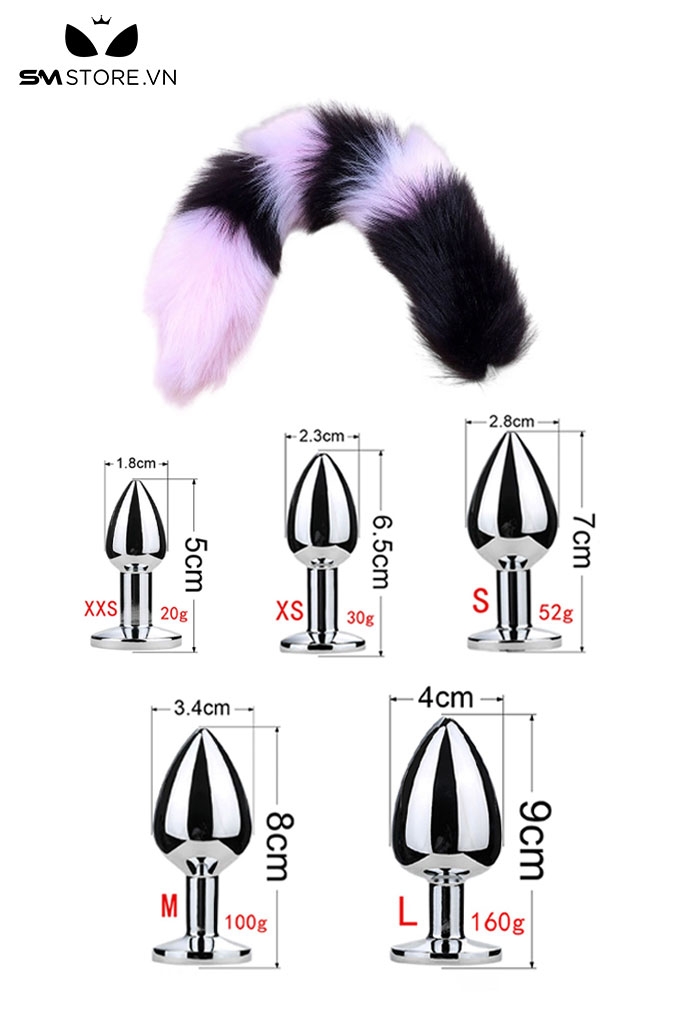 SMT049 - butt plug đuôi cáo 6 khúc màu đen tím kèm phích cắm tháo rời