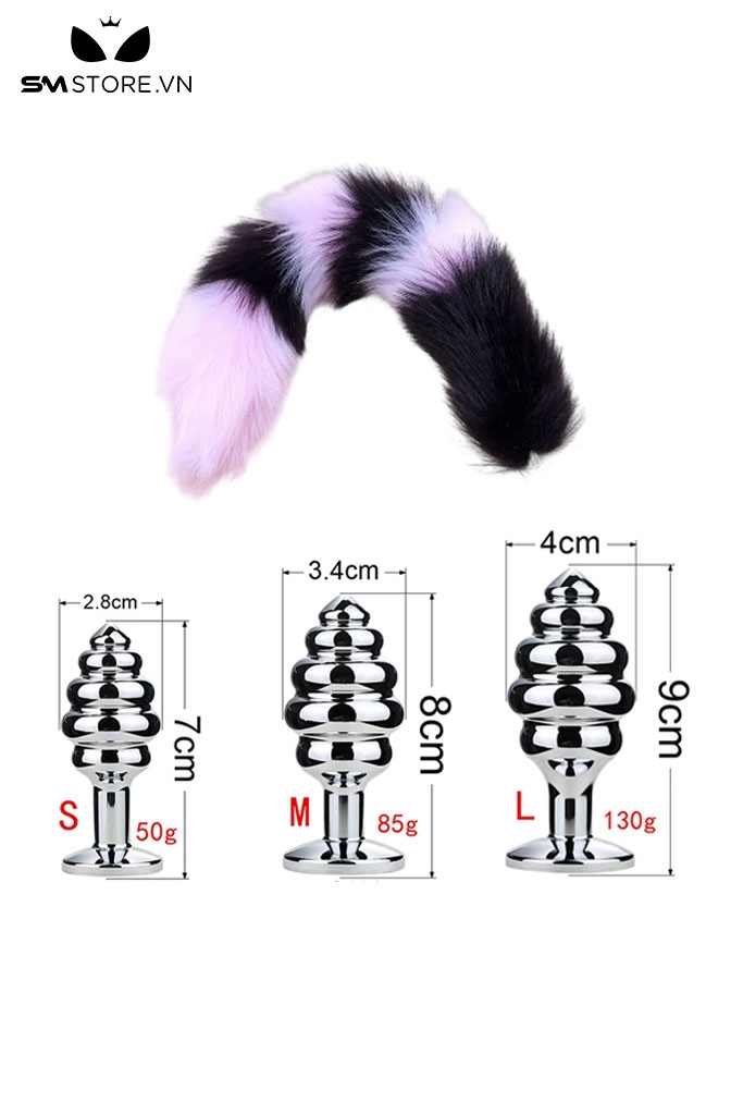 SMT049 - butt plug đuôi cáo 6 khúc màu đen tím kèm phích cắm tháo rời