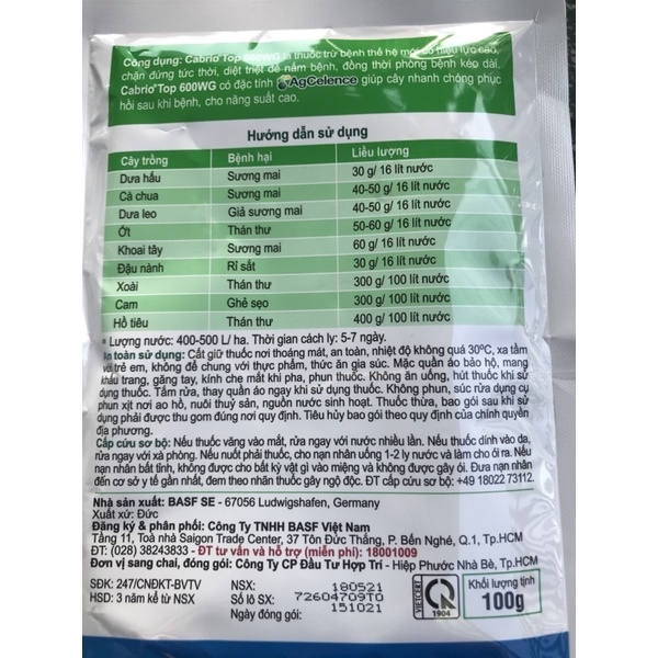 Thuốc Trừ Bệnh Cabrio Top 600WG ( Gói 100g )