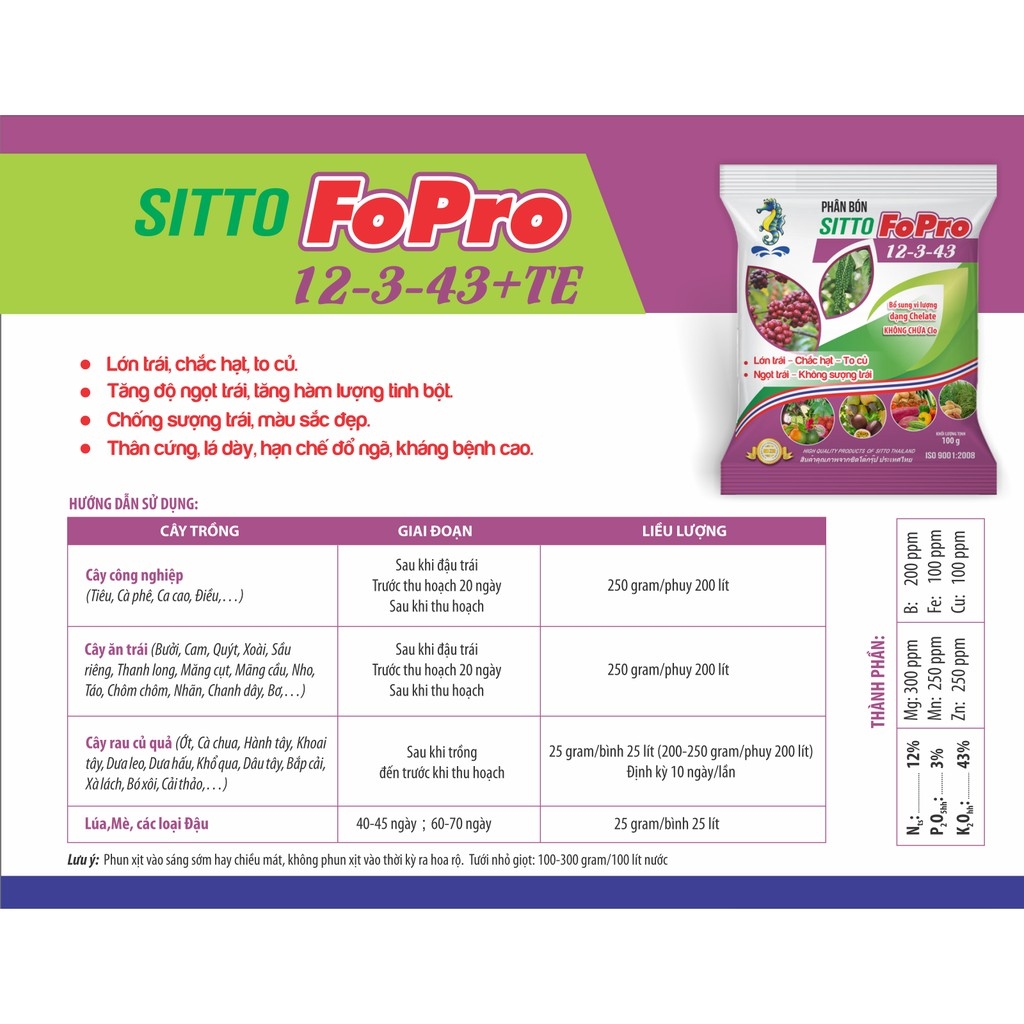 Phân bón lá NPK hòa tan Sitto FoPro 12-3-43+TE gói 100g