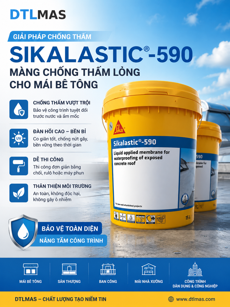 Sikalastic 590 - Thùng 20Kg - Chống thấm 1 thành phần, gốc Polyurethane-Acrylic phân tán, được cải thiện khả năng kháng lại sự đọng nước, kháng tia UV tuyệt hảo