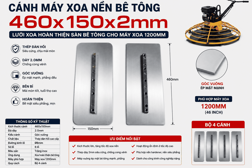 Cánh Máy Xoa Nền Bê Tông 460x150x2mm Trắng - Góc Vuông | Lưỡi Xoa Hoàn Thiện Sàn Bê Tông Cho Máy Xoa 1200mm