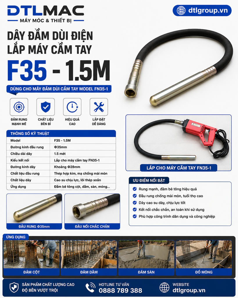 Dây Đầm Dùi Điện Lắp Máy Cầm Tay F35 - 1.5M