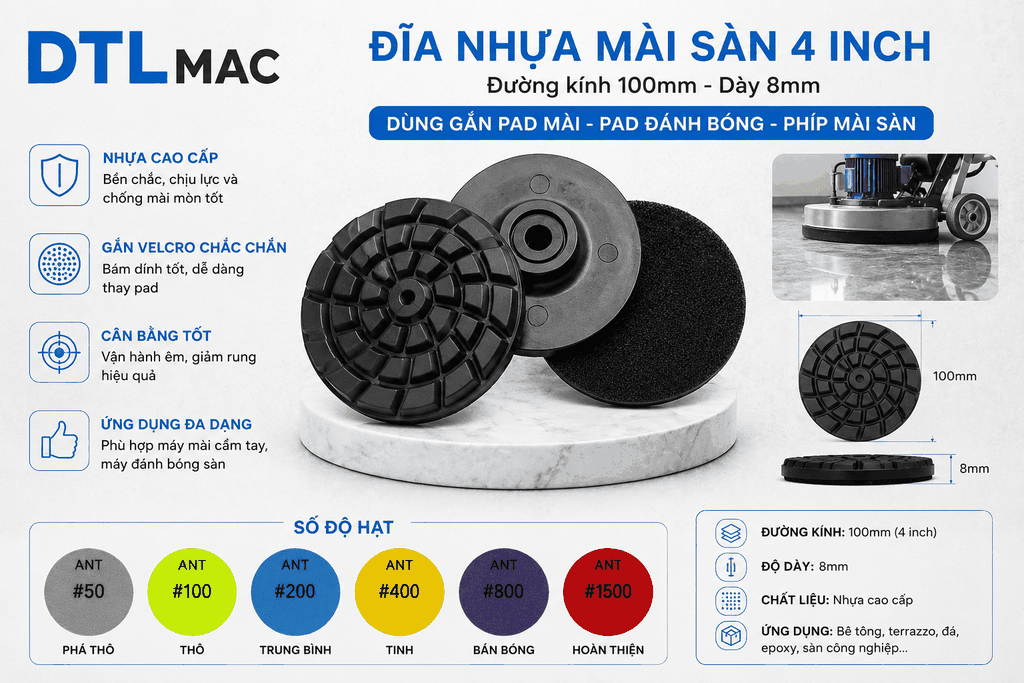 Đĩa Nhựa Mài Sàn 4 Inch Dày 8mm ADTL – Pad Gắn Đĩa Đánh Bóng Sàn Bê Tông