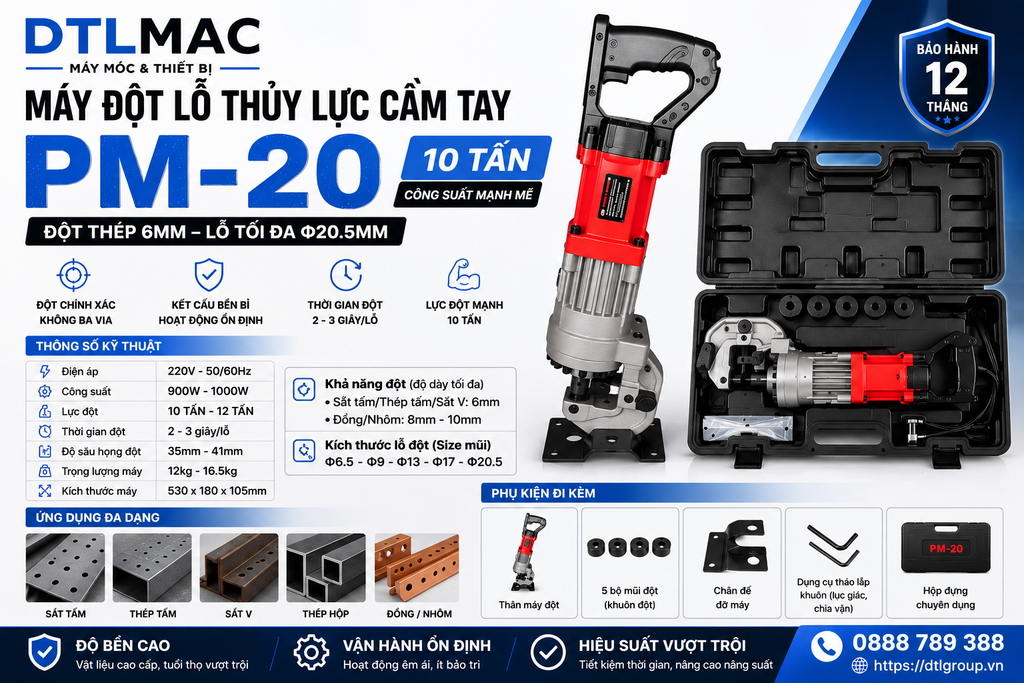 Máy Đột Lỗ Thủy Lực Cầm Tay PM-20 10 Tấn – Đột Thép 6mm, Lỗ Tối Đa Φ20.5mm