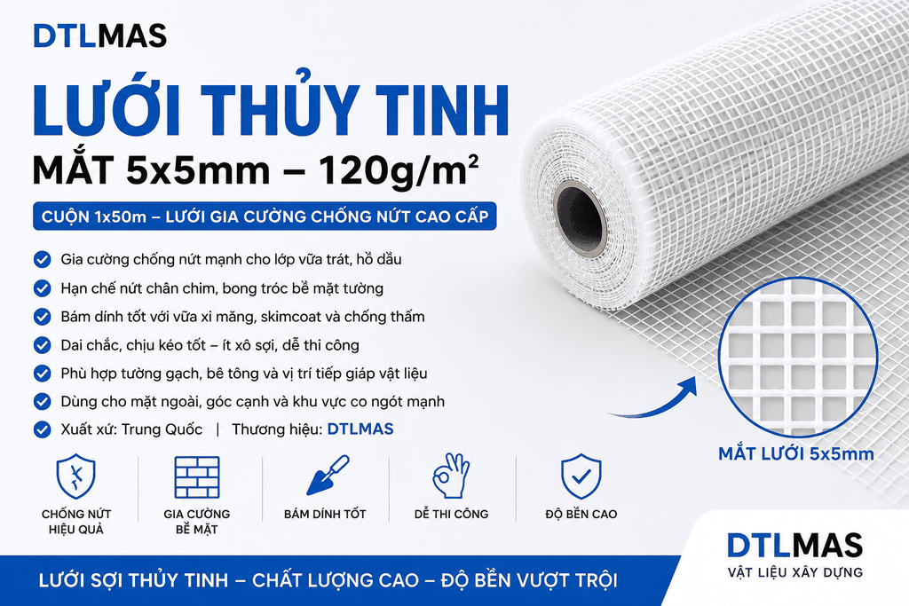 Lưới Thủy Tinh Mắt 5x5mm 120g/m² Cuộn 1x50m VDTL – Lưới Gia Cường Chống Nứt