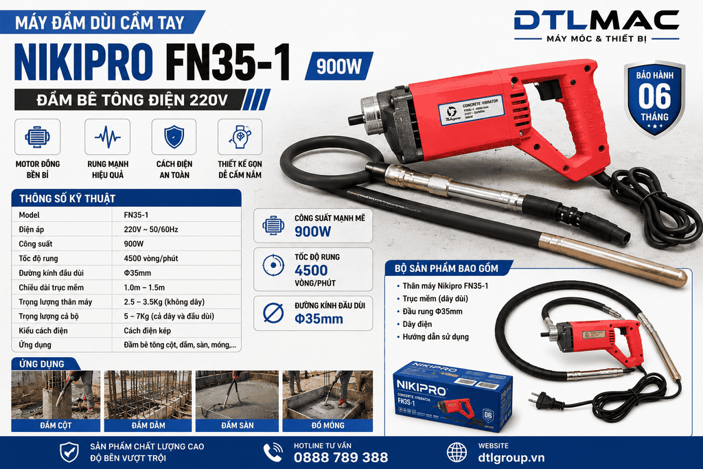 Máy Đầm Dùi Cầm Tay Nikipro FN35-1 900W – Đầm Bê Tông Điện 220V - Chưa Dây Đầm