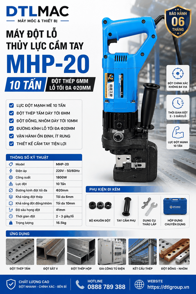 Máy Đột Lỗ Thủy Lực Cầm Tay MHP-20 10 Tấn – Đột Thép 6mm, Lỗ Φ20mm, Công Suất 1800W