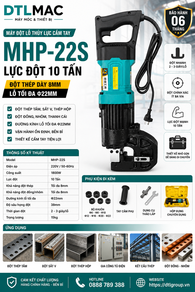 Máy Đột Lỗ Thủy Lực Cầm Tay MHP-22S 10 Tấn – Đột Thép Dày 8mm, Lỗ Tối Đa Φ22mm